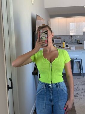 Neon Lime Ribbed Zip-Front Crop Top